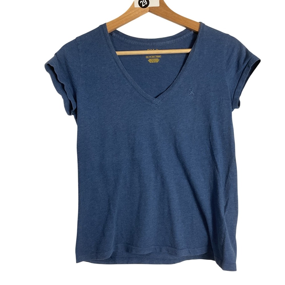 Polo Ralph Lauren V-Neck Tee Blue Cotton Short Sleeve Pony Logo XS preppy y2k